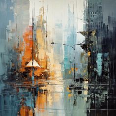 an abstract painting of cityscape with blue, yellow and orange colors on it