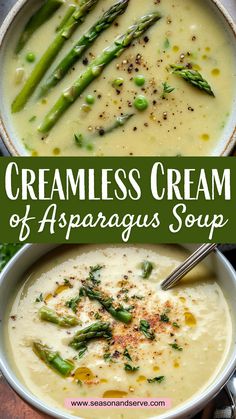 creamy cream of asparagus soup in a white bowl with green asparagus