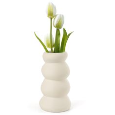 three tulips in a white vase on a white background