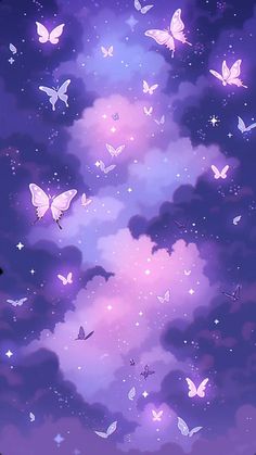 the sky is filled with purple and white butterflies