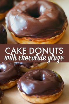 chocolate glazed donuts with chocolate glaze on top and in the background text reads cake donuts with chocolate glaze