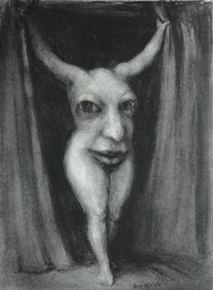 a black and white drawing of a man with horns on his head in front of a curtain