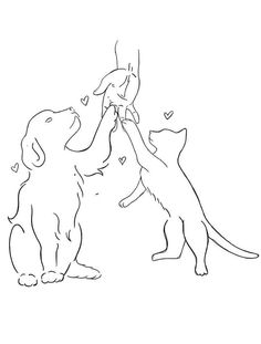 two dogs and a cat playing with each other in the same line drawing, one is holding