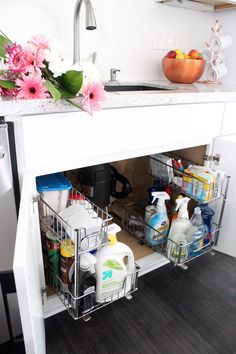 the kitchen sink is filled with cleaning products