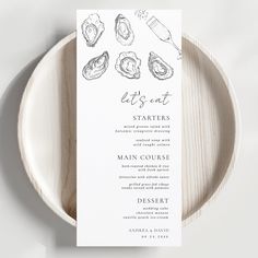 a menu card with an illustration of oysters on it