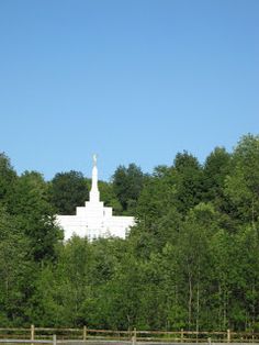 a large white building sitting in the middle of a forest filled with tall green trees