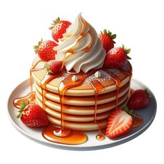 a plate with pancakes and strawberries on it, covered in caramel syrup drizzled with whipped cream