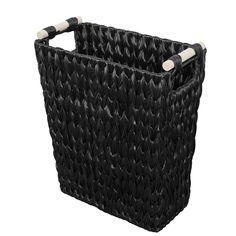 a large black basket with white handles