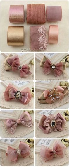 several different types of ribbons are shown in this collage, including pinks and golds