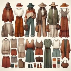 Year round casual boho capsule wardrobe dusty tones ☼๑♥ AI generated Capsule Wardrobe Boho, Fashion Names Ideas, Boho Capsule Wardrobe, Bohemian Outfits, Fashion Week Dresses, Fashion Show Poster, Fashion Outfits Men, Boho Clothes, Capsule Outfits