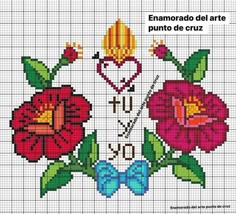 a cross stitch pattern with flowers and hearts