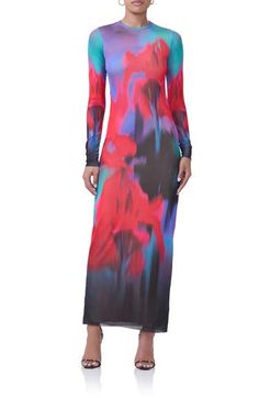 Make a sleek impression in this long-sleeve maxi cut in a smooth, curve-hugging silhouette from gauzy mesh covered in a bold print. Slips on over head Crewneck Long sleeves Lined, except sleeves 95% polyester, 5% spandex Machine wash, tumble dry Imported Sheer Long Sleeve Bodycon Maxi Dress, Sheer Fitted Maxi Dress With Long Sleeves, Fitted Long Sleeve Sheer Maxi Dress, Multicolor Long Sleeve Maxi Dress For Evening, Sheer Maxi Dress For Fall, Spring Stretch Maxi Dress With Sheer Sleeves, Fall Sheer Maxi Dress, Spring Sheer Long Sleeve Maxi Dress, Mesh Turtleneck