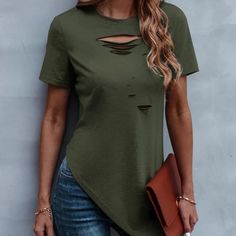 Army Green Tee In Size Large With Asymmetric Hem. Distressed And Super Cute And Trendy. Brand New And Never Worn, Was Just Too Small For Me Product Measurements: Shoulder : 15.9 Inch, Bust : 40.6 Inch, Length : 20.3 Inch, Sleeve Length : 8.1 Inch, Cuff: 13.5 Inch Casual Everyday Distressed T-shirt, Diy Off Shoulder Shirt, Cheap Distressed T-shirt, Distressed Alternative Style Short Sleeve T-shirt, Distressed Basic Short Sleeve T-shirt, Edgy Distressed Faded T-shirt, Off Shoulder Diy, Diy Cut Shirts, Green Tee