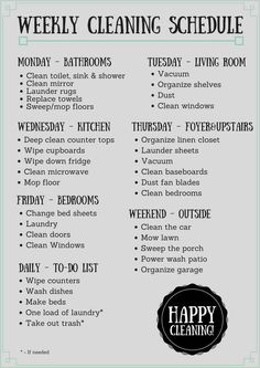 the weekly cleaning schedule is shown in black and white, with green trimmings