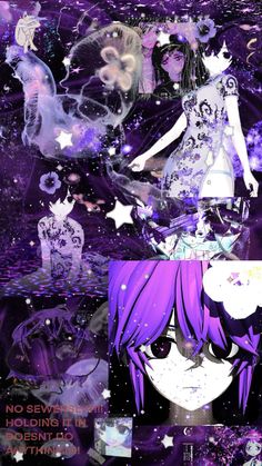 an anime character with purple hair and stars in the background