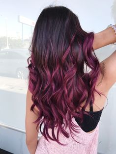 Purple Burgundy Hair Color, Purple Burgundy Hair, Burgundy Balayage, Blonde Ombre Hair, Pink Ombre Hair, Dark Purple Hair, Color Balayage, Brunette Balayage