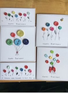 four birthday cards with buttons and flowers on them