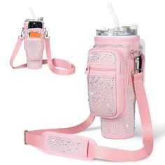 a pink cell phone holder with strap and bottle in the shape of a bag, on a white background