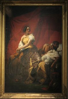 a painting of a woman sitting in front of a red curtain with other people around her