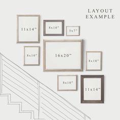 various sizes and shapes of frames hanging on the wall next to some stairs with measurements