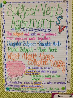 a poster with writing on it that says subject - verb agreement