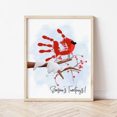 Christmas Craft Ideas For Babies | Cardinal Handprint Craft | Ollie + Hank Christmas Baby Canvas Art, Baby Handprint Christmas Crafts, Christmas Presents From Baby, Kids Handprint Art Christmas, Toddler Christmas Gifts For Parents, Hand Print Christmas Crafts, Cardinal Handprint Craft, Craft Ideas For Babies, Handprints Art