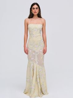 Jacqueline Maxi Dress — Yellow Silk Maxi Dress With Floral Embroidery, Fitted Floral Embroidered Gown For Prom, Fitted Floral Embroidered Prom Gown, Fitted Gown With Floral Embroidery For Prom, Silk Floral Embroidered Floor-length Maxi Dress, Spring Evening Dress With Sheer Fitted Bodice, Elegant Silk Maxi Dress With Floral Embroidery, Fitted Floral Embroidered Evening Dress For Prom, Spring Organza Maxi Dress With Fitted Bodice