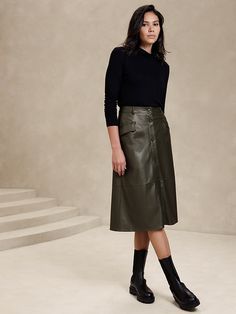 A-Line Midi Sweater Skirt | Banana Republic Factory Hunter Green Leather Skirt, A Line Leather Skirt Outfit, Green Leather Skirt Outfit, Midi Leather Skirt Outfit, Outfit With Leather Skirt, Leather Midi Skirt Outfit, Midi Leather Skirt, Green Leather Skirt, Vegan Leather Midi Skirt