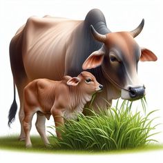 a cow and calf are standing in the grass