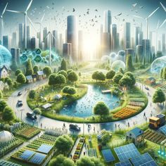 an artist's rendering of a green city with solar panels