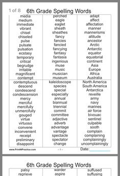 the 6th grade spelling words are shown in this graphic diagram, which shows how to use them