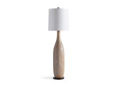 a wooden table lamp with a white shade