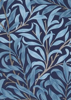 a blue and gold wallpaper with leaves on it