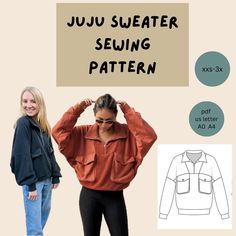 two women standing next to each other in front of a sign that says juju sweater sewing pattern