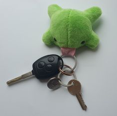 a green teddy bear keychain with two keys attached to it's mouth