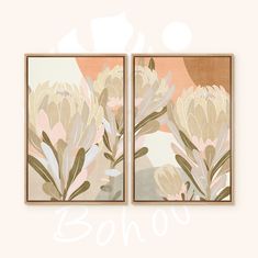 two framed art pieces with flowers on them