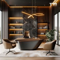 an elegant office with marble walls and flooring is lit by modern lighting fixtures that hang from the ceiling