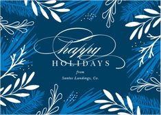 happy holidays from santa landings, co with blue and white leaves on the background