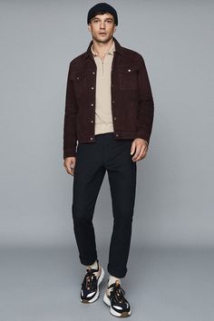 Polo Long Sleeve Outfit Men, Men Loafers Outfit, Trucker Jacket Outfit, Outfit Inspiration For Men, Polo Shirt Outfit, Polo Shirt Outfit Men, Loafers Outfits, 80’s Outfits, Suede Trucker Jacket