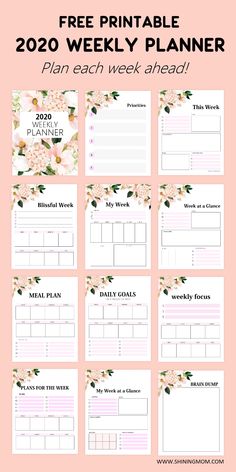 the free printable planner for 2020 is shown with flowers and leaves on pink background