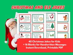 christmas and elf jokes for kids with santa claus holding up a sign that reads 40 blanks