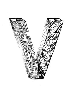 a black and white drawing of the letter v with an abstract pattern on it's uppercase