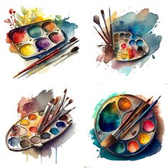 four watercolor paints with brushes and palettes