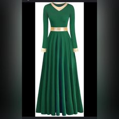 a green dress with gold trims on the waist and shoulders, in front of a black background