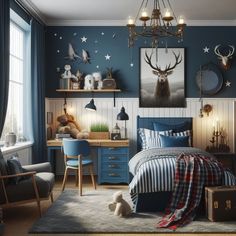 a bedroom decorated in blue and white with deer head on the wall