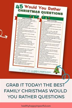 "45 Would You Rather Christmas Questions list with a red and green festive design." Holiday Would You Rather, Would You Rather Christmas Kids, Would You Rather Winter Questions, Christmas Would You Rather Adult, Would You Rather Questions Christmas, Would U Rather Question For Teens, Never Have I Ever Christmas Questions, Christmas Get To Know You Questions, Winter Would You Rather For Kids