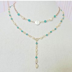 Two Brass Wire Wrapped With Freshwater Pearl & Russian Green Amazonite Boho Layering Necklaces. Brass Is Non-Taurnishable. 3 Strand Necklace, Trendy Bead Necklace, Multi Layered Necklace, Green Amazonite, Tiered Necklace, Boho Layering, Layering Necklaces, Trending Necklaces, Necklace Ideas