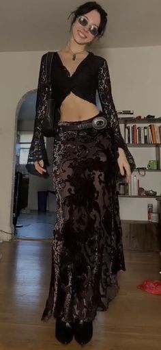 70s Gothic Fashion, Boho Goth Style, Alt Goth Fashion, Practical Magic Outfits Gillian, Goth Hippy Outfits, Whimsigoth Party Outfit, Tropical Goth Outfit, Whimsy Goth Outfit Ideas, 70s Goth Outfits