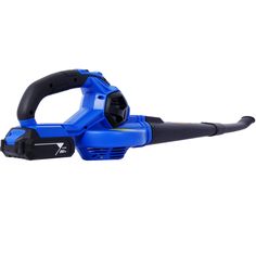 a blue and black cordless leaf blower on a white background