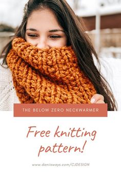 a woman wearing a knitted scarf with the text free knitting pattern below it that says,